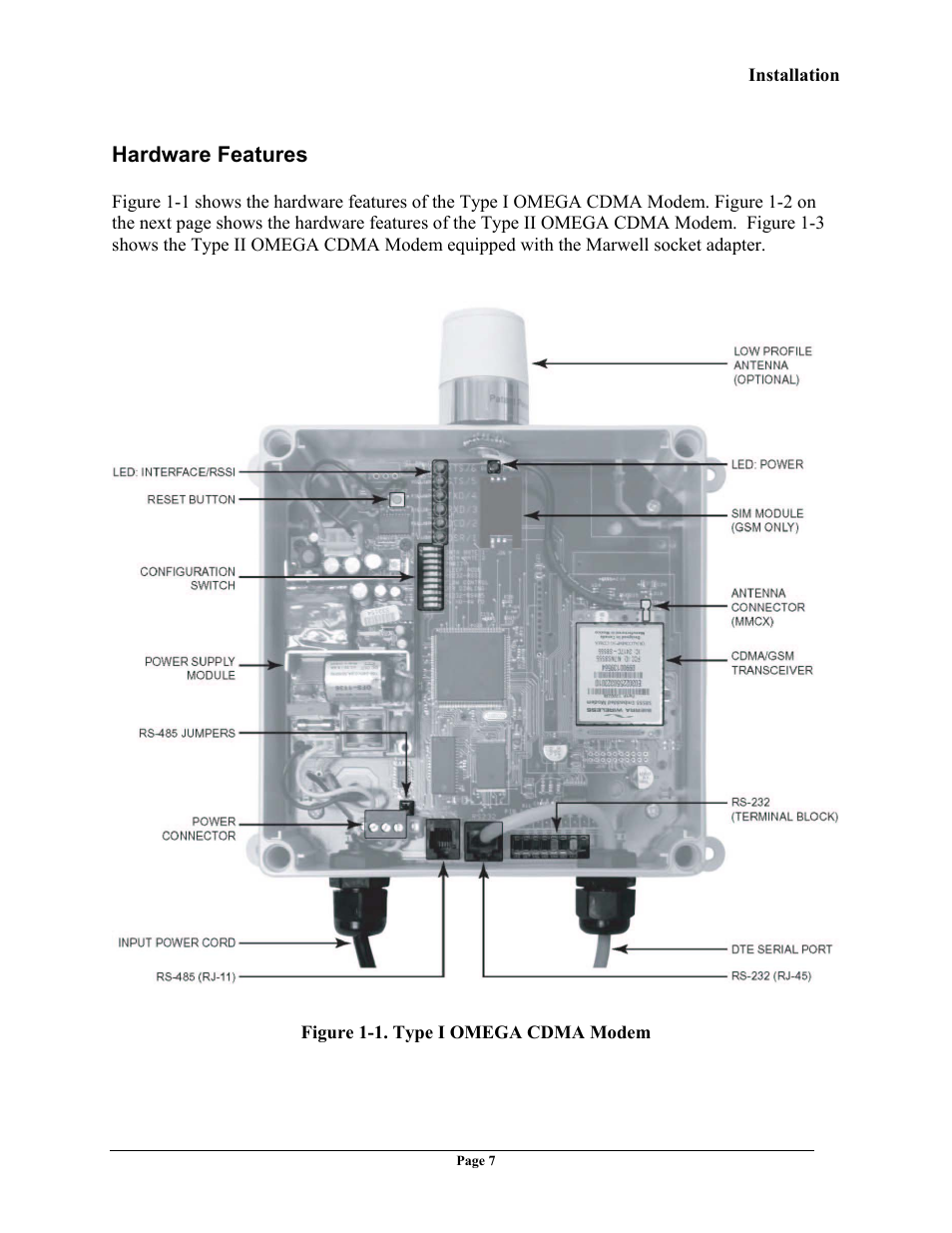 Hardware features, Ardware, Eatures | Telenetics OMEGA CDMA User Manual | Page 7 / 32