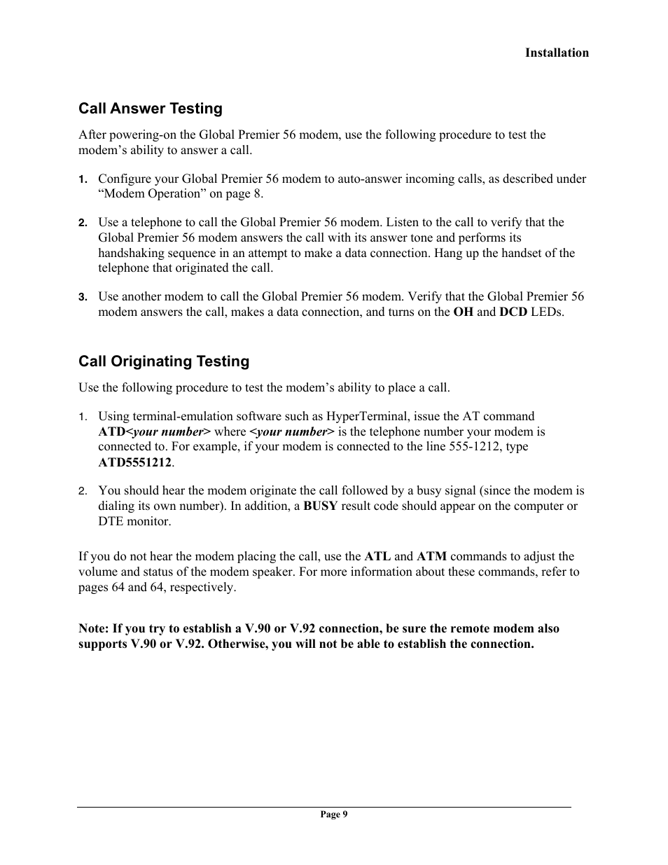 Call answer testing, Call originating testing | Telenetics 56 User Manual | Page 17 / 208