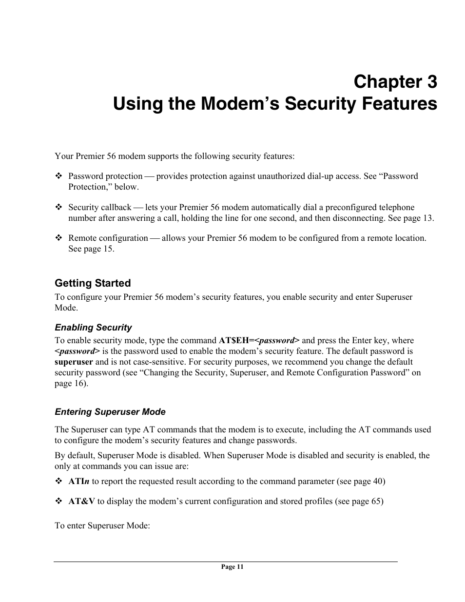 Chapter 3 using the modem’s security features | Telenetics 56 User Manual | Page 19 / 208