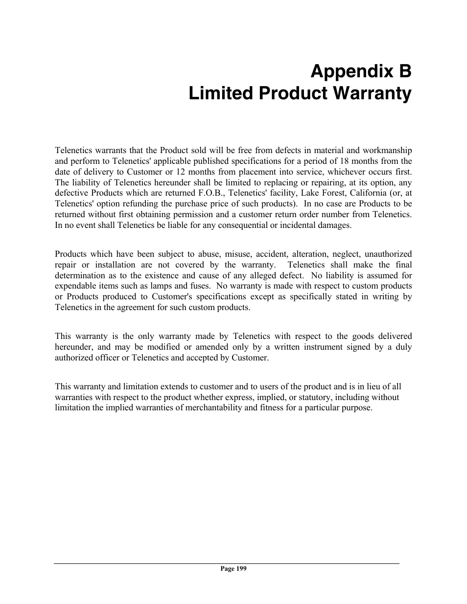 Appendix b limited product warranty | Telenetics 56 User Manual | Page 207 / 208