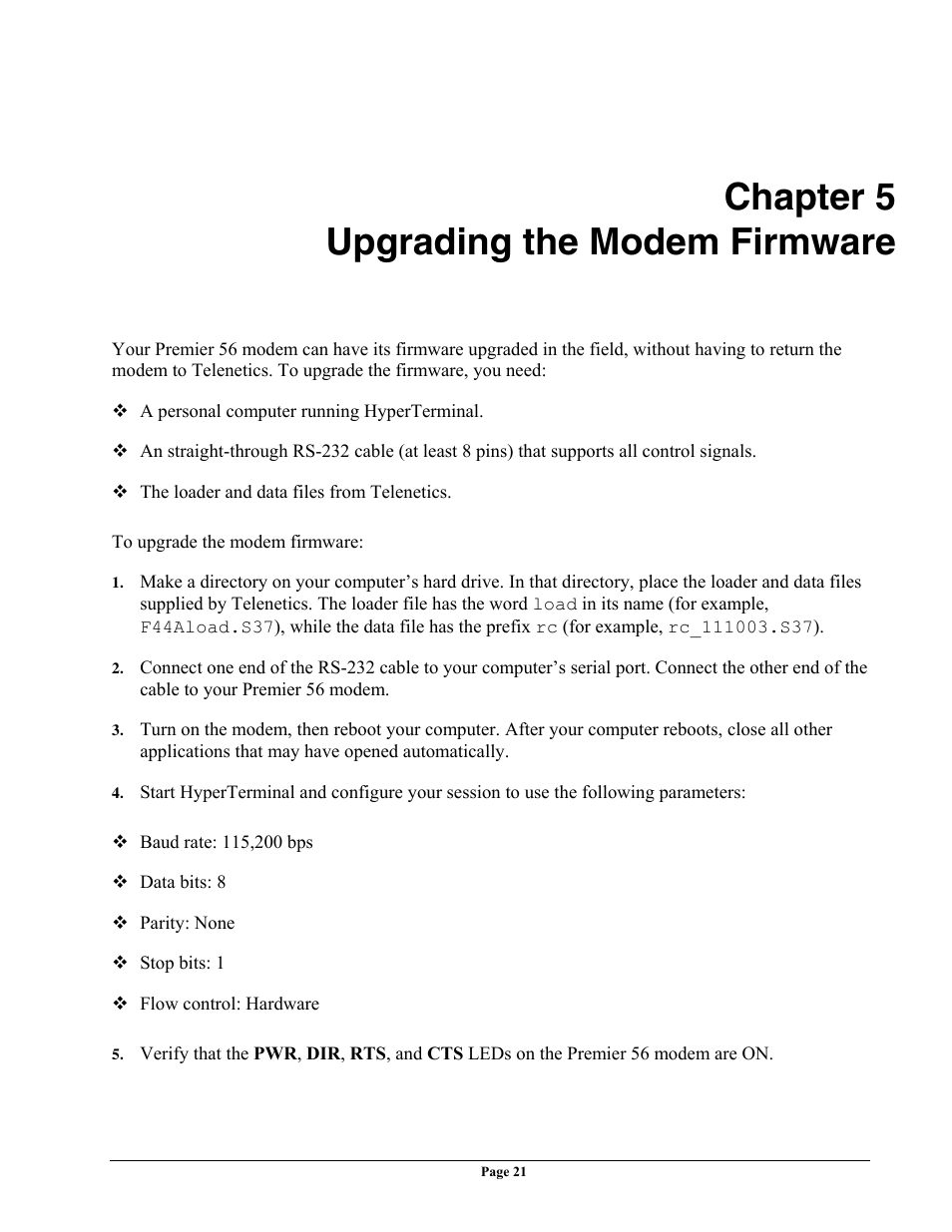 Chapter 5 upgrading the modem firmware | Telenetics 56 User Manual | Page 29 / 208