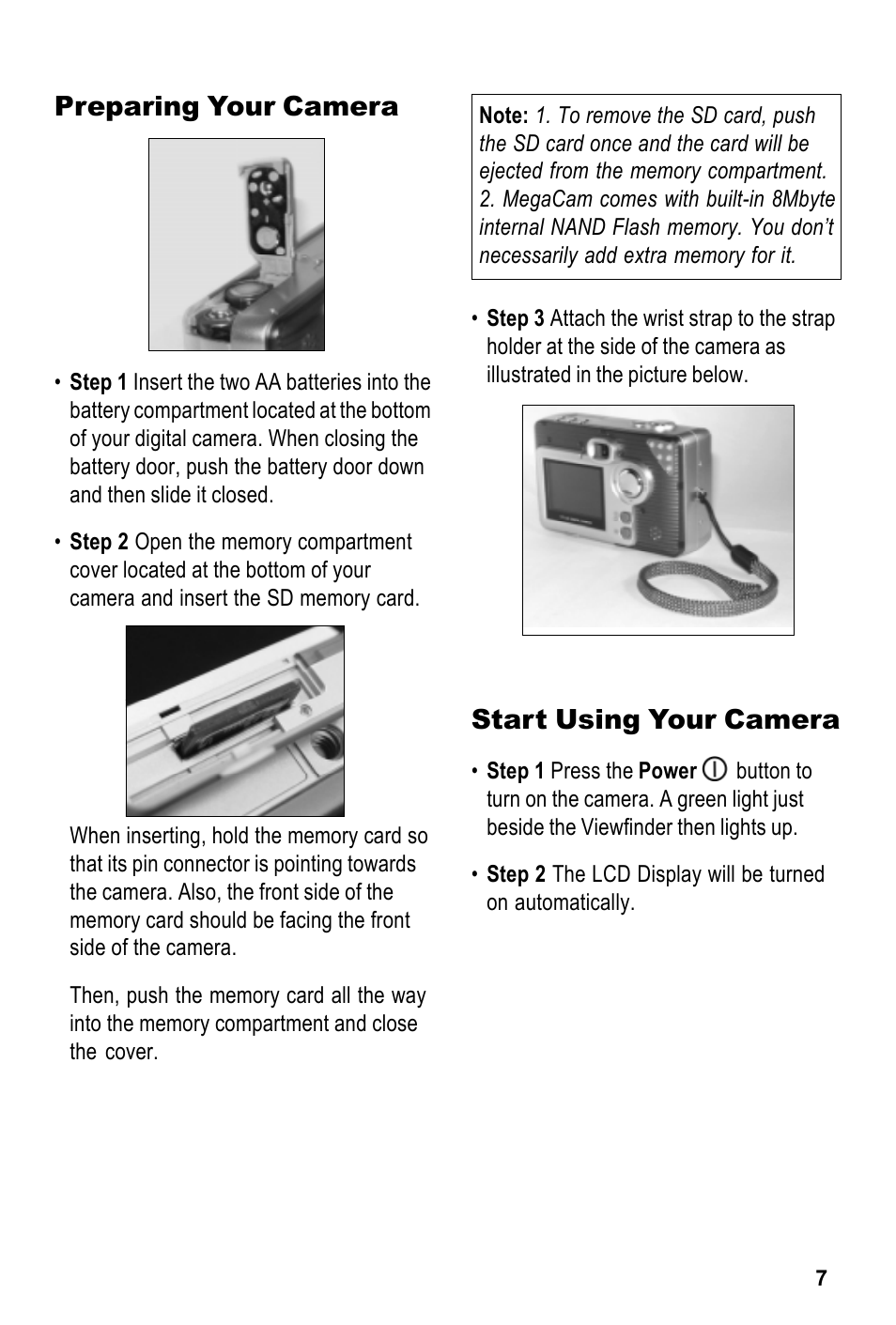 Start using your camera, Preparing your camera | Tekxon Technology MegaCam User Manual | Page 7 / 17