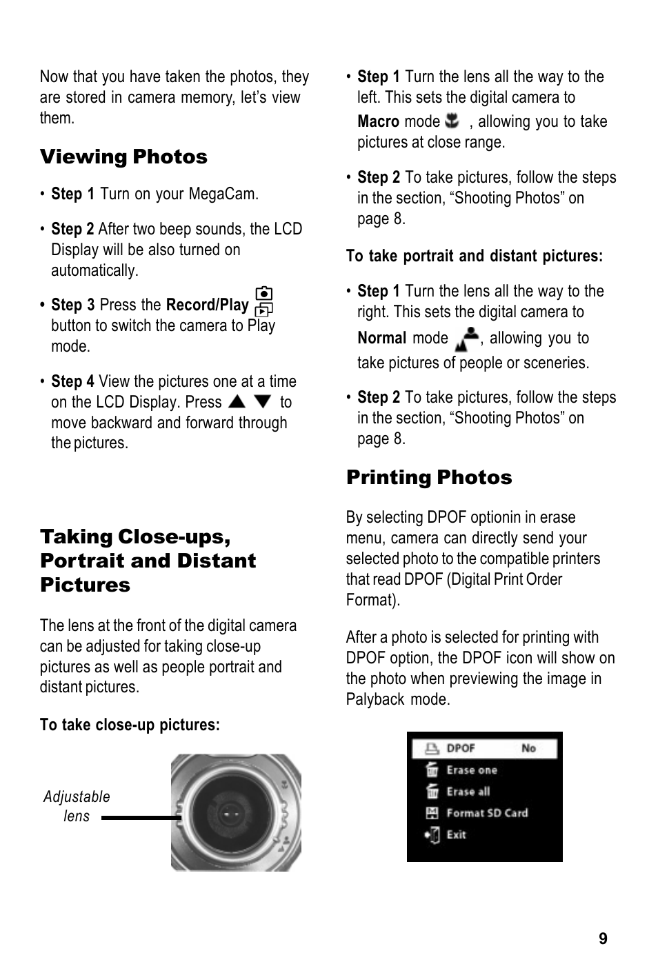 Printing photos, Viewing photos, Taking close-ups, portrait and distant pictures | Tekxon Technology MegaCam User Manual | Page 9 / 17