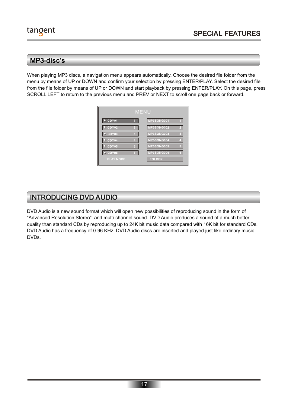 Special features mp3-disc’s, Introducing dvd audio | Tangent D-101 User Manual | Page 18 / 28