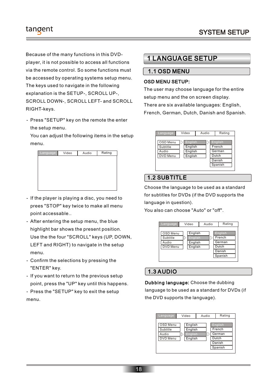 System setup, 1 l a ngua ge setup | Tangent D-101 User Manual | Page 19 / 28