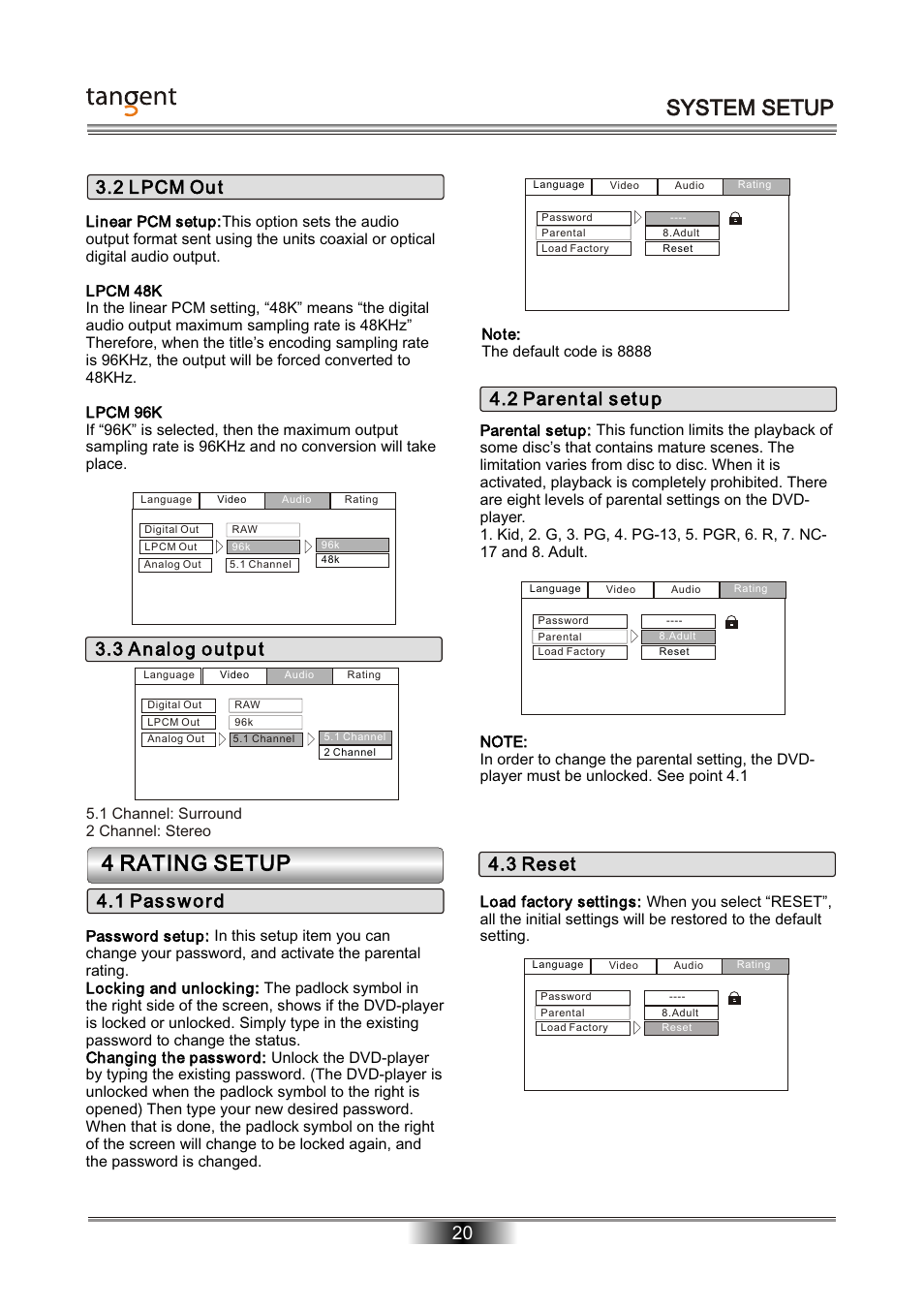 System setup, 4 rating setup, 20 3.2 l pcm ou t | 2 par en t al s et u p, 3 res et, 1 channel: surround 2 channel: stereo | Tangent D-101 User Manual | Page 21 / 28