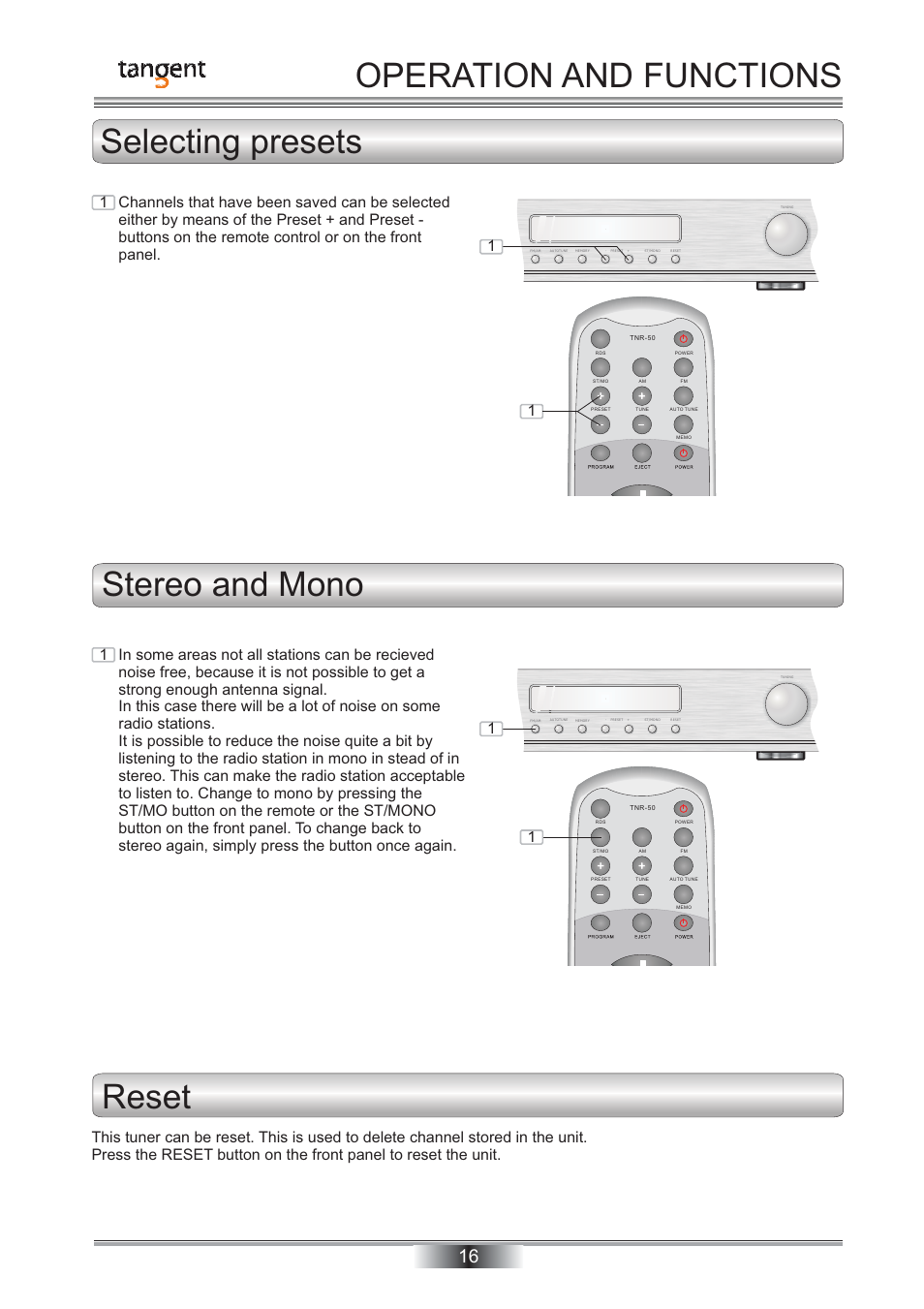 Operation and functions, Reset stereo and mono selecting presets | Tangent TNR-50 User Manual | Page 17 / 20