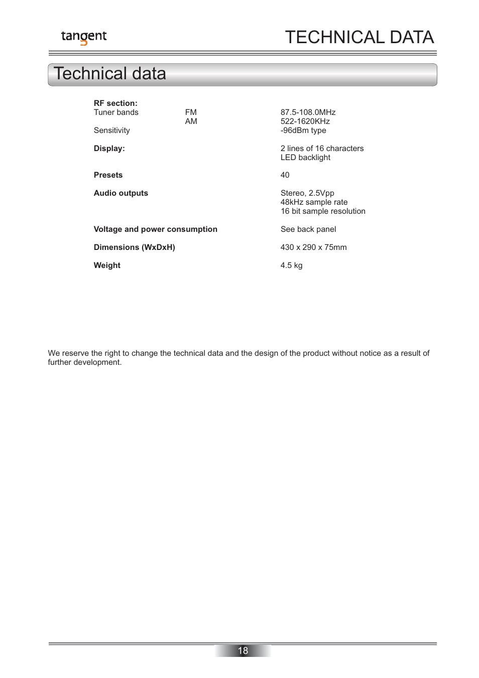 Technical data technical data | Tangent TNR-50 User Manual | Page 19 / 20