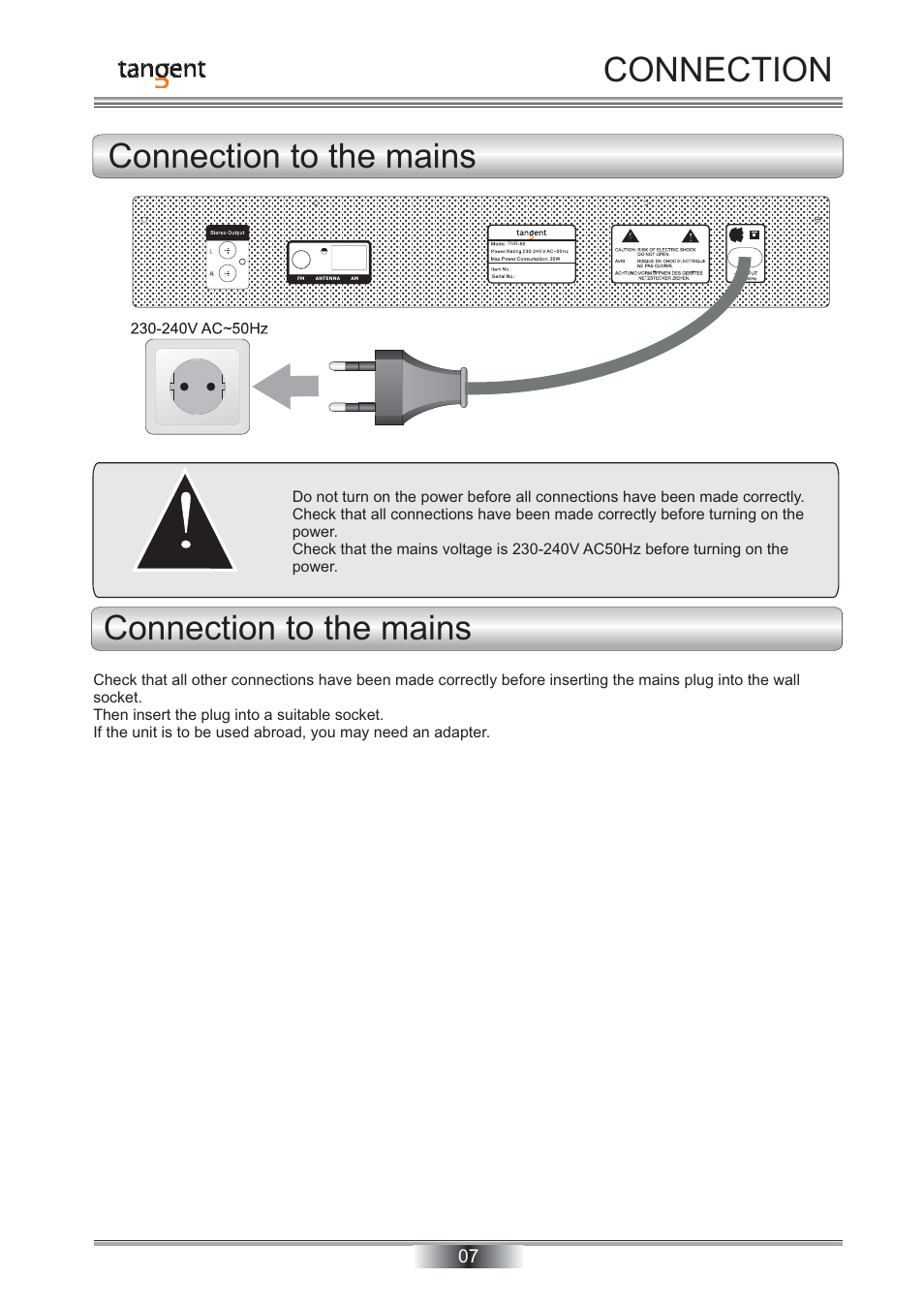 Connection connection to the mains, Connection to the mains | Tangent TNR-50 User Manual | Page 8 / 20