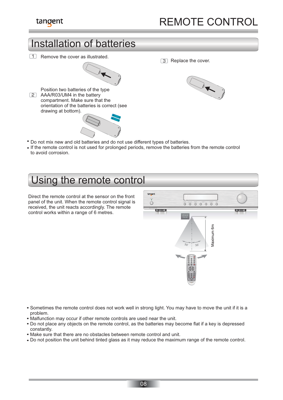 Remote control installation of batteries, Using the remote control | Tangent TNR-50 User Manual | Page 9 / 20