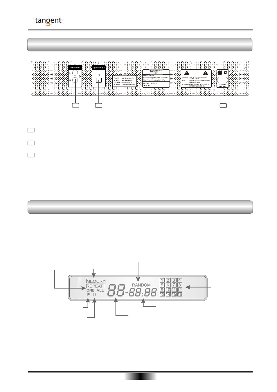 Front panel and connections connections, Explanation of lcd display | Tangent CDP-50 User Manual | Page 12 / 20