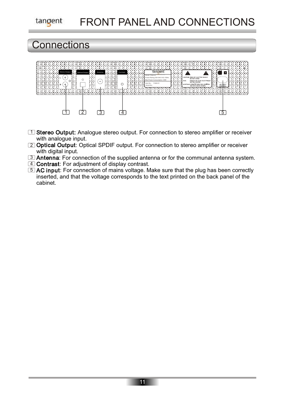 Front panel and connections connections | Tangent DAB-50 User Manual | Page 12 / 20