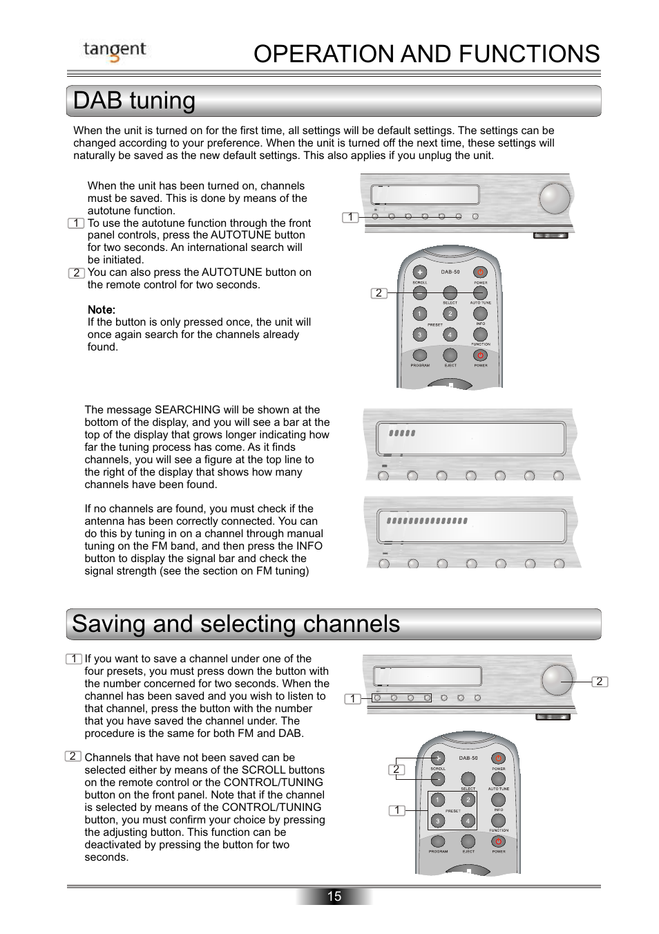 Operation and functions dab tuning, Saving and selecting channels | Tangent DAB-50 User Manual | Page 16 / 20