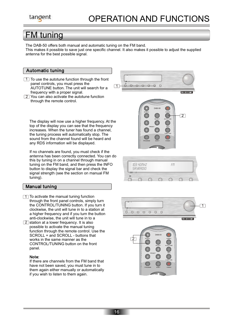 Operation and functions fm tuning, Automatic tuning manual tuning | Tangent DAB-50 User Manual | Page 17 / 20