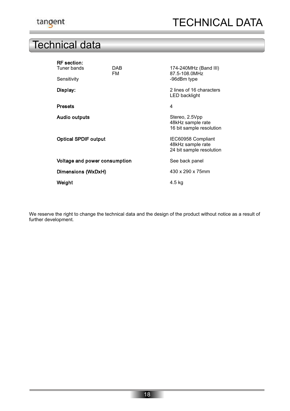 Technical data technical data | Tangent DAB-50 User Manual | Page 19 / 20