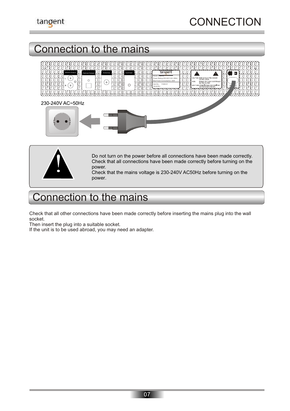 Connection connection to the mains, Connection to the mains | Tangent DAB-50 User Manual | Page 8 / 20