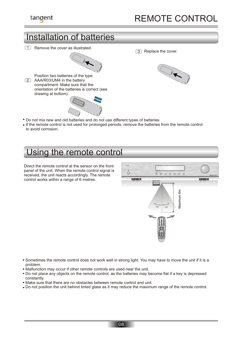 Remote control installation of batteries, Using the remote control | Tangent DAB-50 User Manual | Page 9 / 20