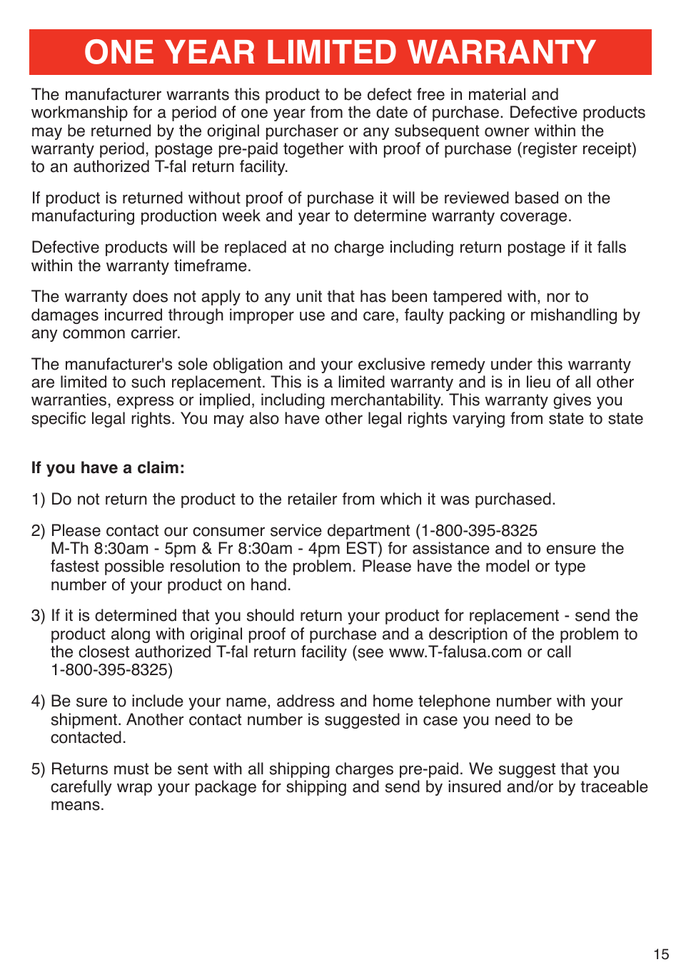 One year limited warranty | T-Fal Emerilware User Manual | Page 15 / 16