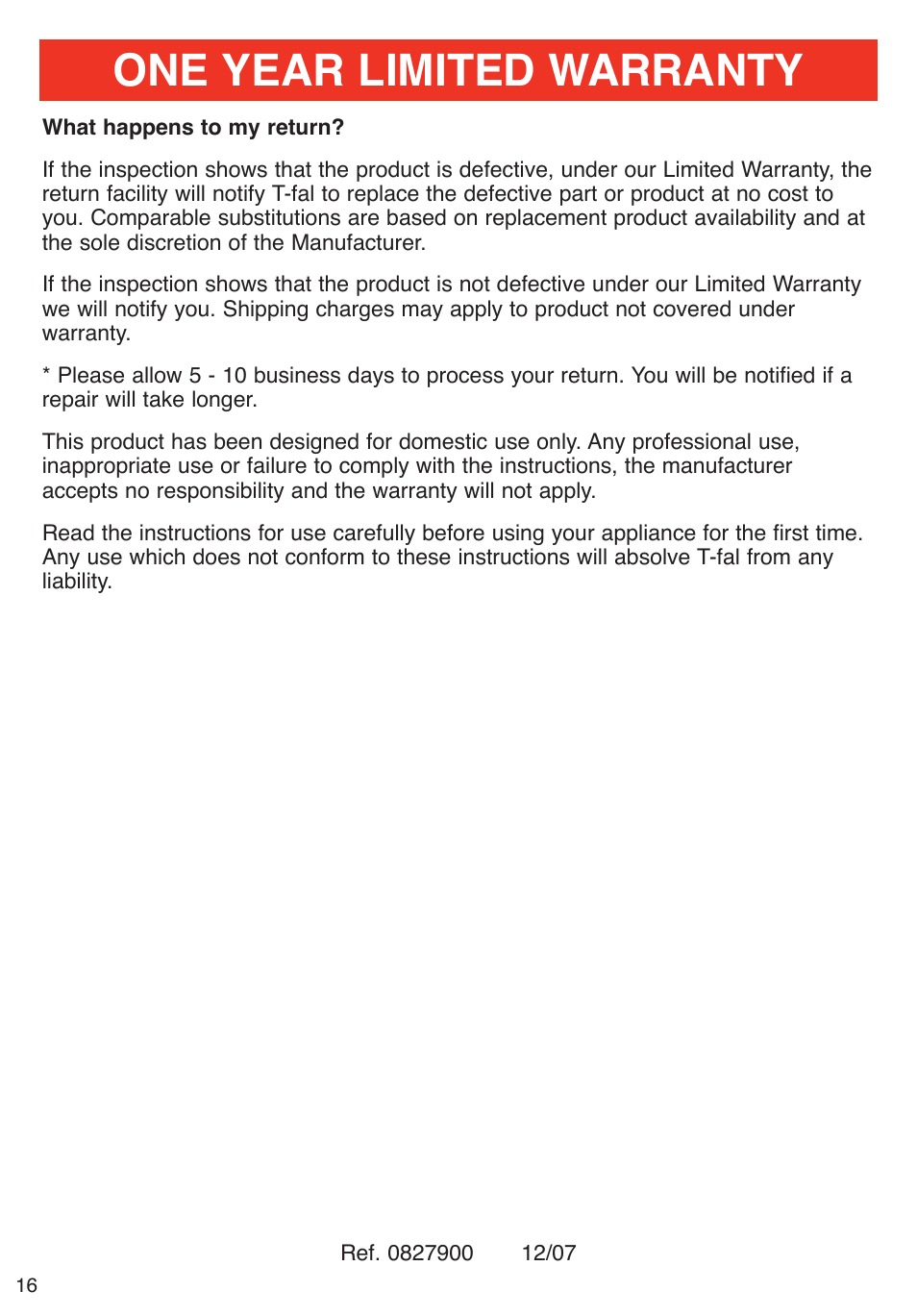 One year limited warranty | T-Fal Emerilware User Manual | Page 16 / 16