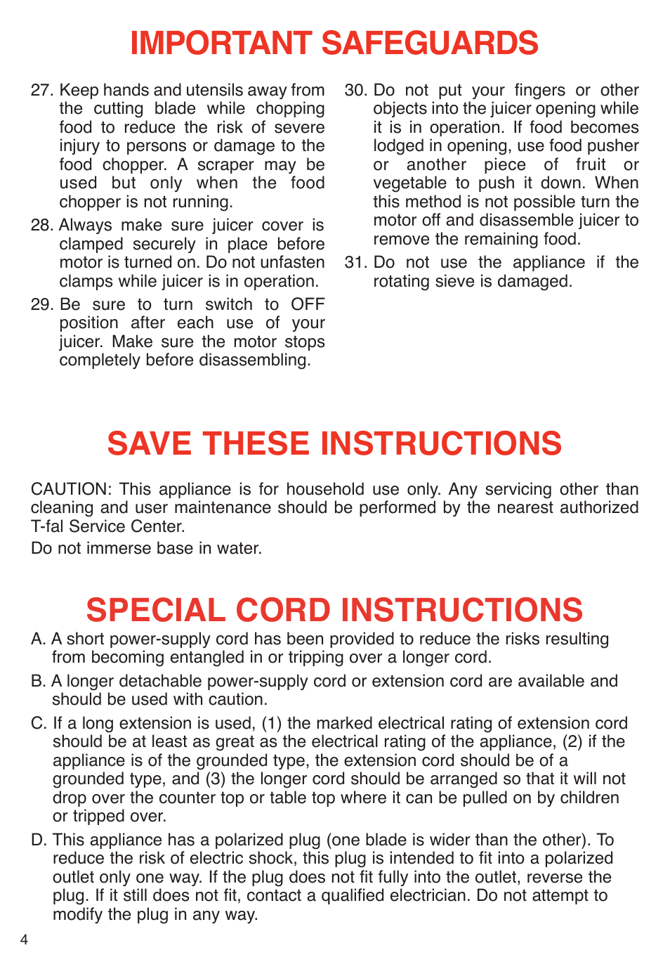 Special cord instructions, Important safeguards save these instructions | T-Fal Emerilware User Manual | Page 4 / 16