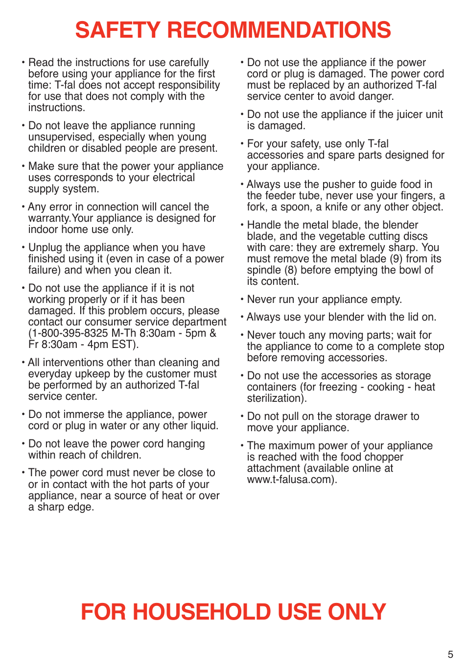 For household use only safety recommendations | T-Fal Emerilware User Manual | Page 5 / 16