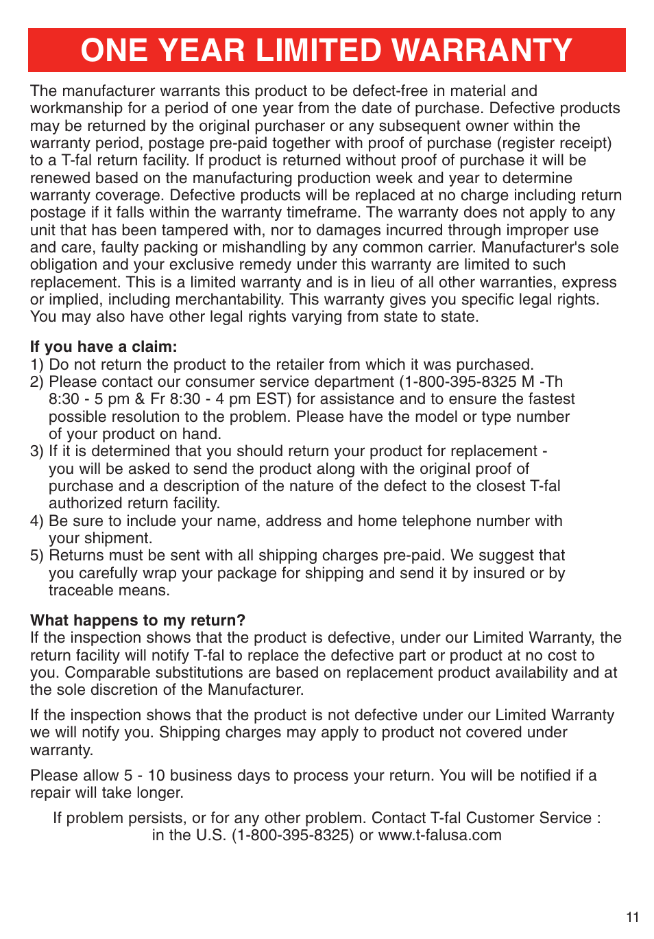 One year limited warranty | T-Fal Emerilware Use Grill & Panini Maker User Manual | Page 11 / 12