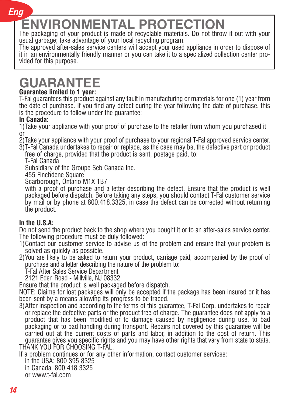 Environmental protection, Guarantee | T-Fal 5252 User Manual | Page 17 / 48
