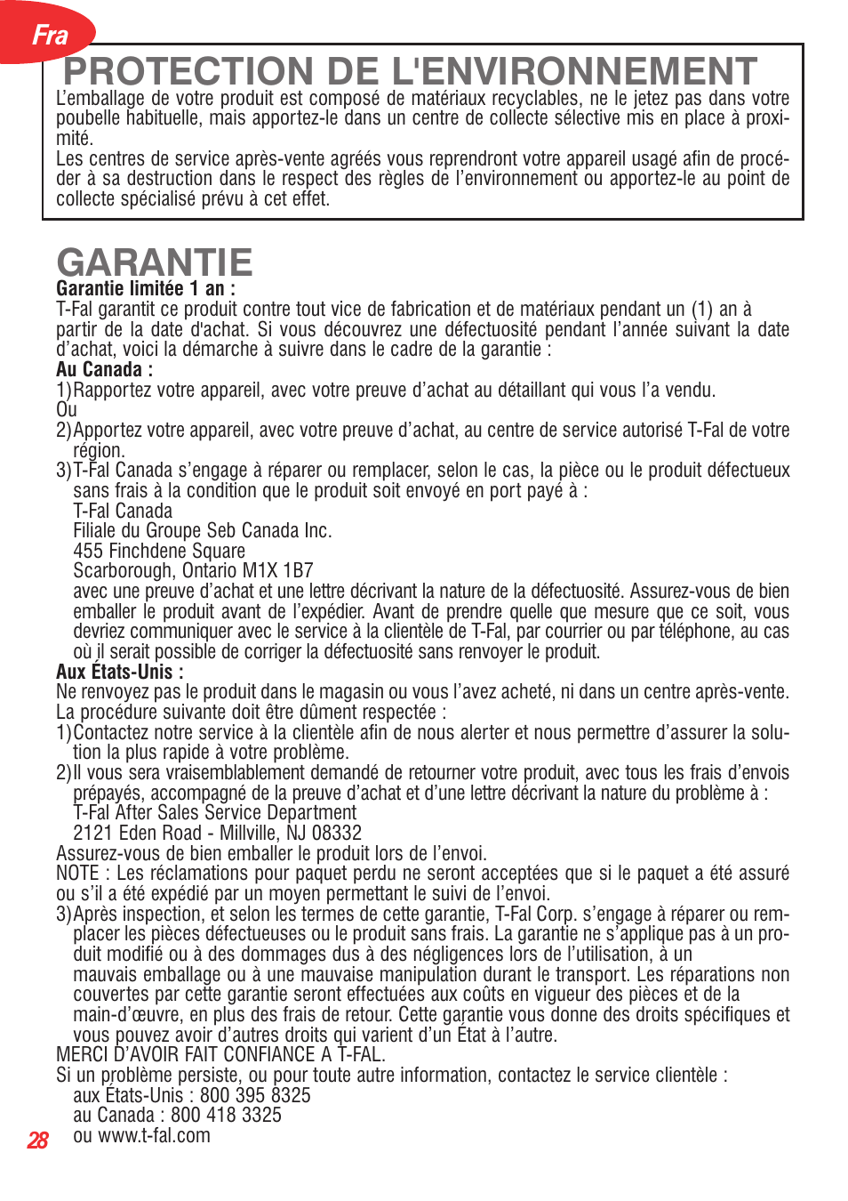 Protection de l'environnement, Garantie | T-Fal 5252 User Manual | Page 31 / 48
