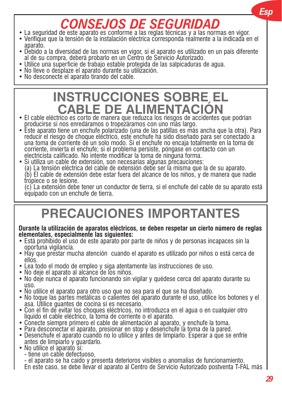 Consejos de seguridad, Instrucciones sobre el cable de alimentación, Precauciones importantes | T-Fal 5252 User Manual | Page 32 / 48