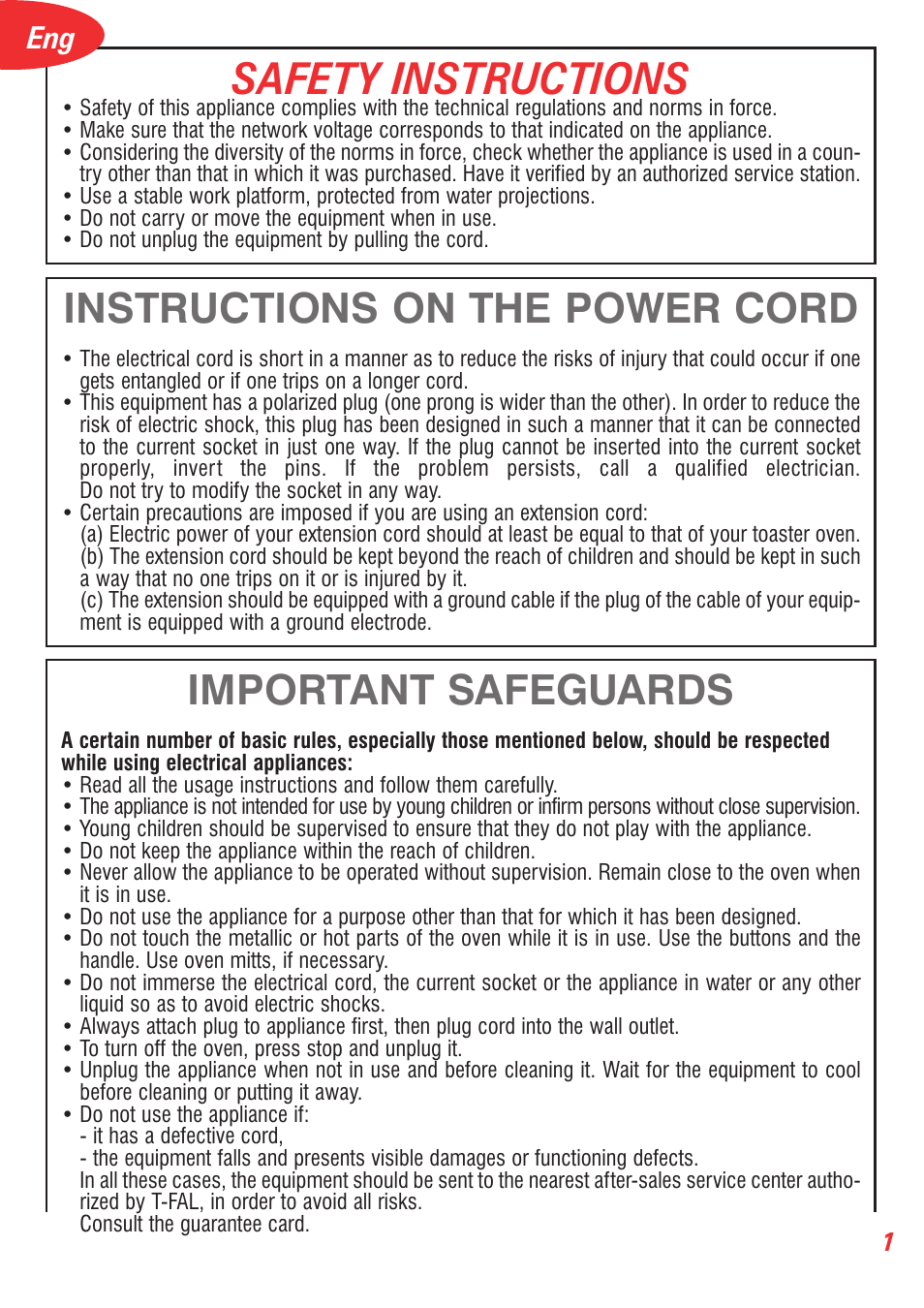Safety instructions, Instructions on the power cord, Important safeguards | T-Fal 5252 User Manual | Page 4 / 48