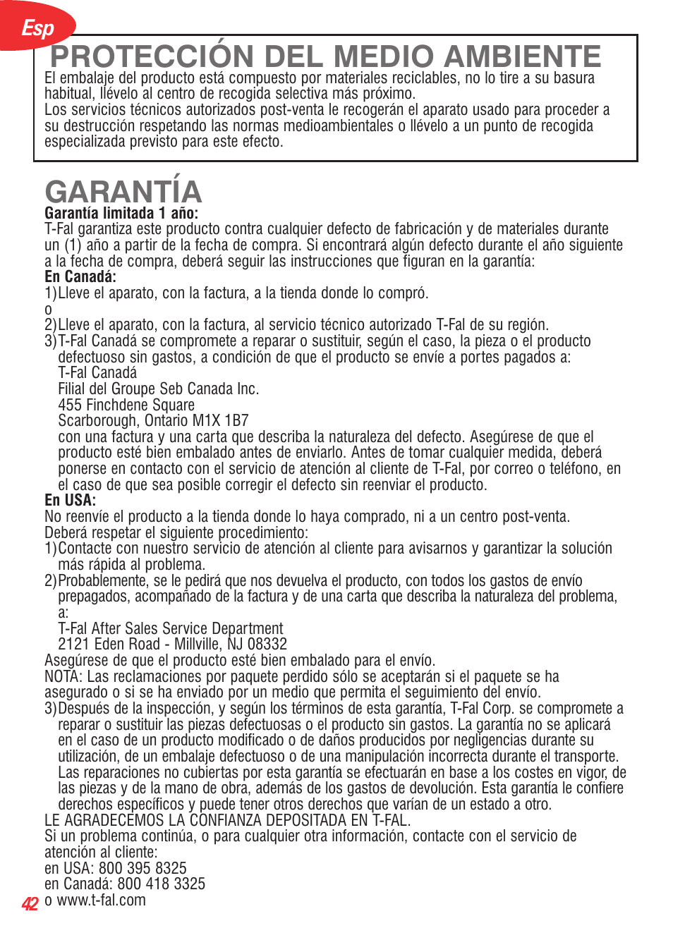 Protección del medio ambiente, Garantía | T-Fal 5252 User Manual | Page 45 / 48