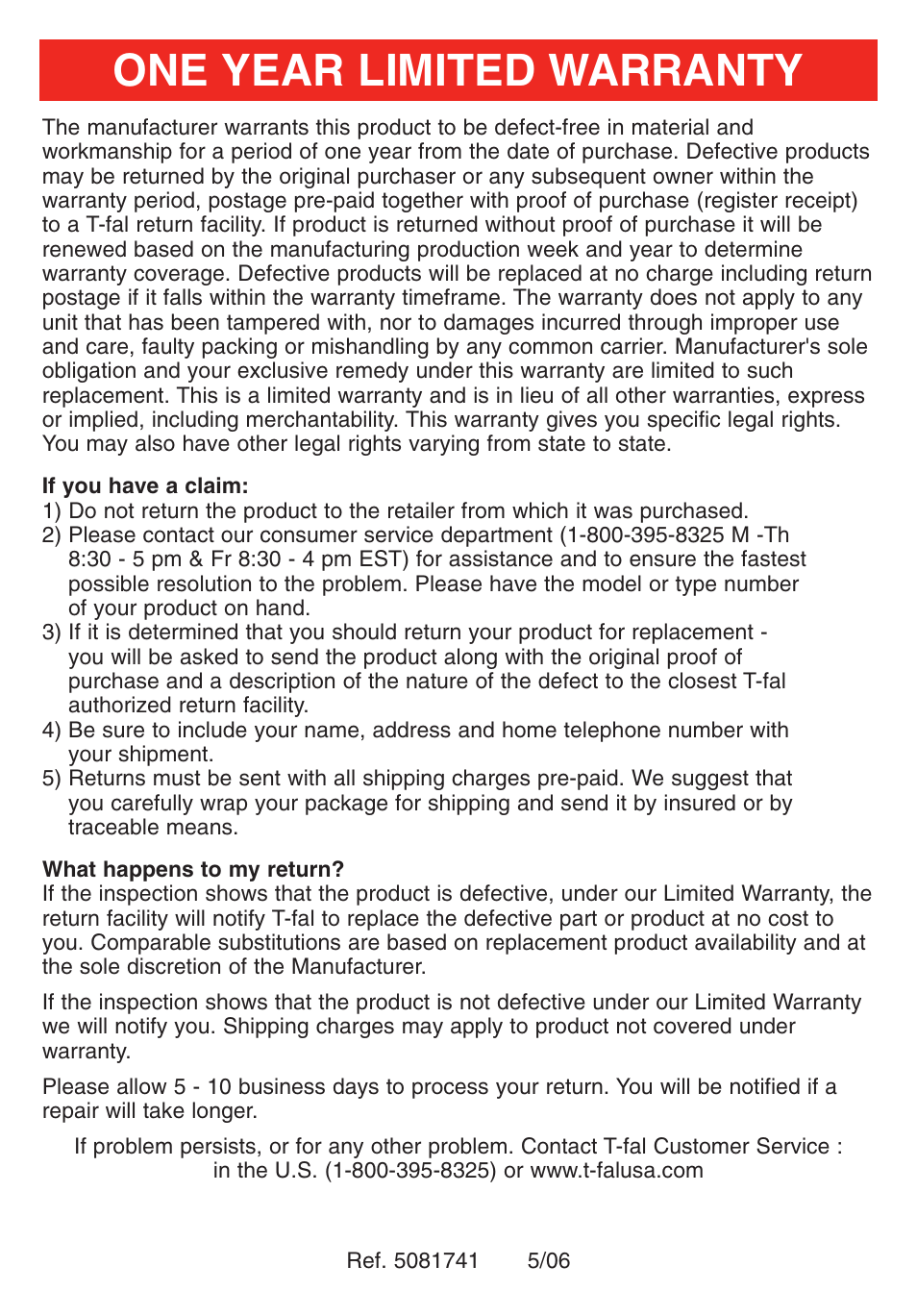 One year limited warranty | T-Fal Steamer User Manual | Page 12 / 12