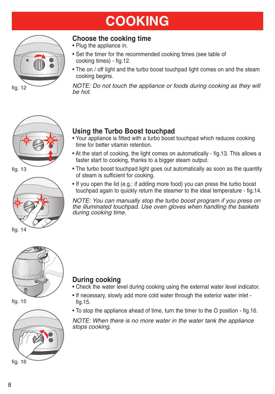 Cooking, Choose the cooking time, Using the turbo boost touchpad | During cooking | T-Fal Steamer User Manual | Page 8 / 12