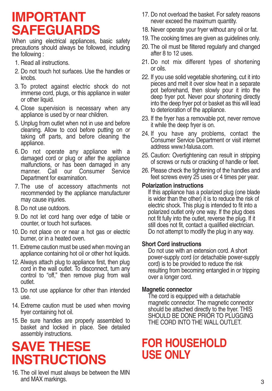 Important safeguards, Save these instructions, For household use only | T-Fal Deep Fryer User Manual | Page 3 / 15