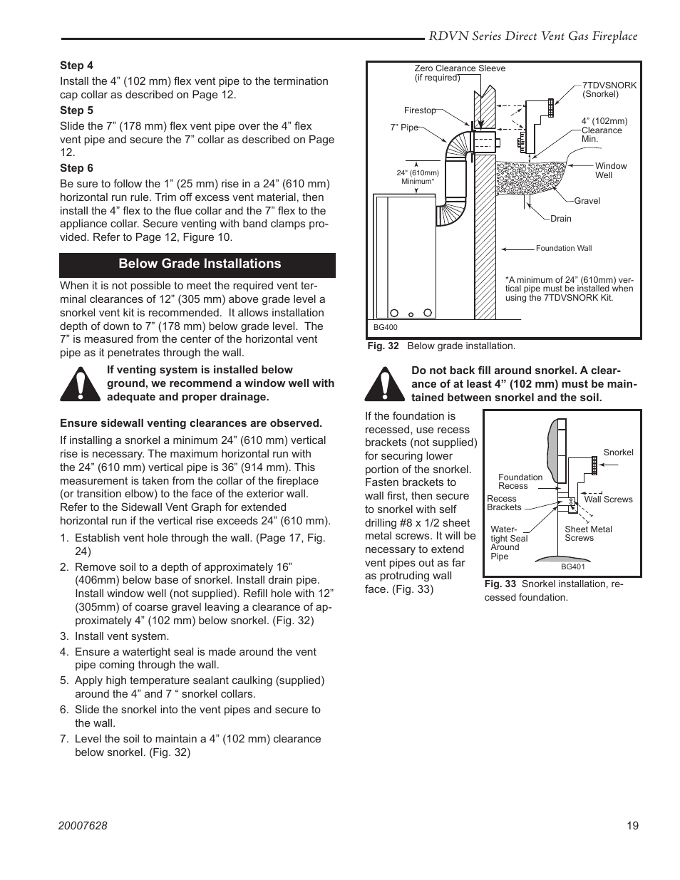 Rdvn series direct vent gas fireplace, Below grade installations | Temco Tool 36RDVN User Manual | Page 19 / 48