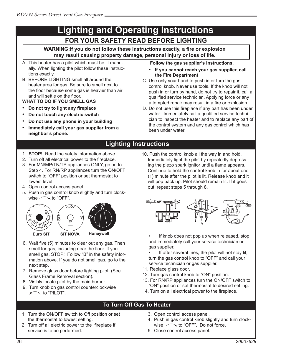 Lighting and operating instructions, For your safety read before lighting, Lighting instructions | Rdvn series direct vent gas fireplace | Temco Tool 36RDVN User Manual | Page 26 / 48