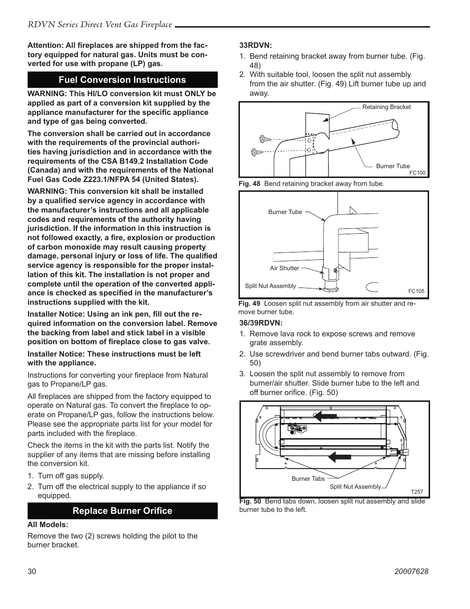 Rdvn series direct vent gas fireplace, Fuel conversion instructions, Replace burner oriﬁce | Temco Tool 36RDVN User Manual | Page 30 / 48