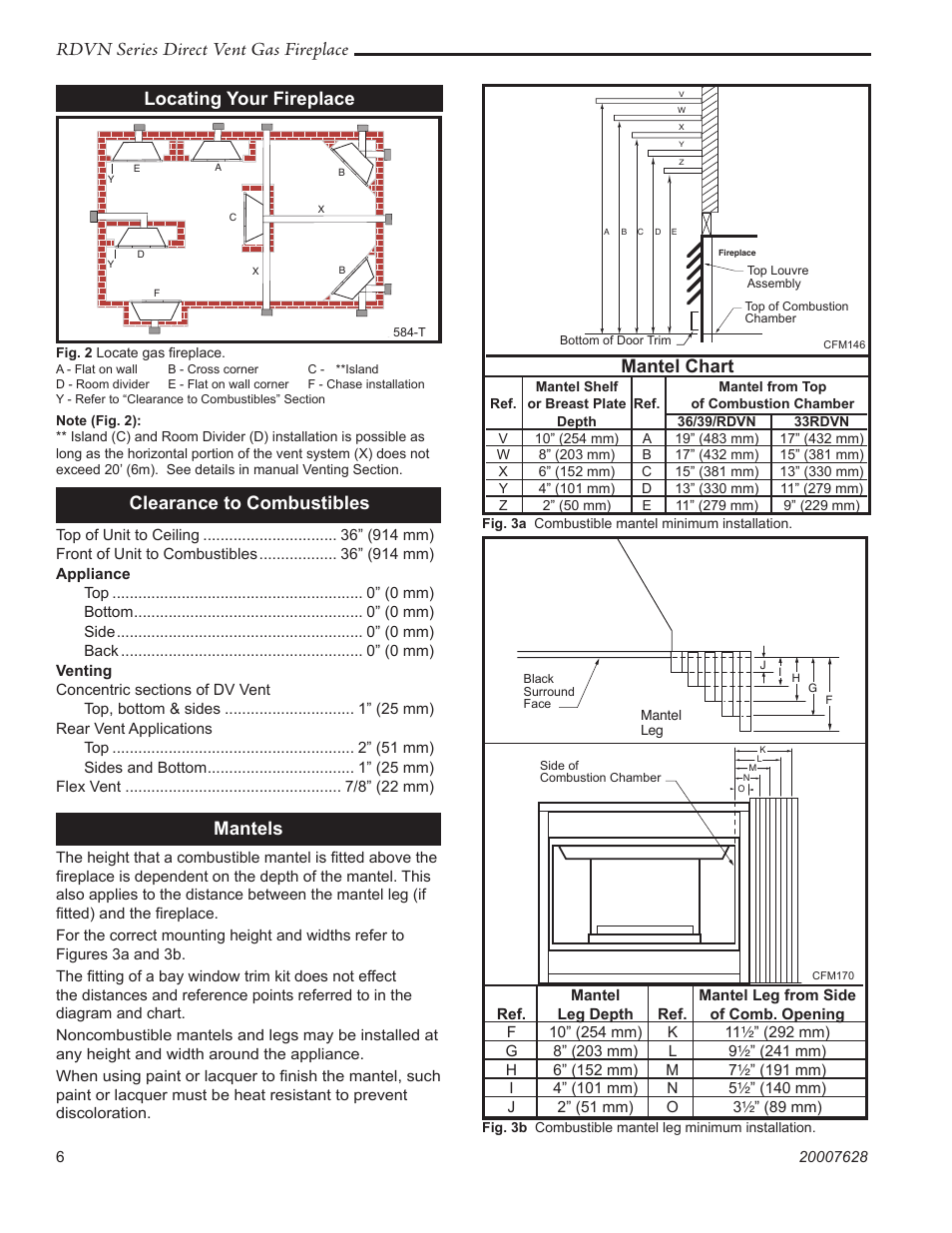 Rdvn series direct vent gas fireplace, Locating your fireplace, Mantels | Clearance to combustibles, Mantel chart | Temco Tool 36RDVN User Manual | Page 6 / 48