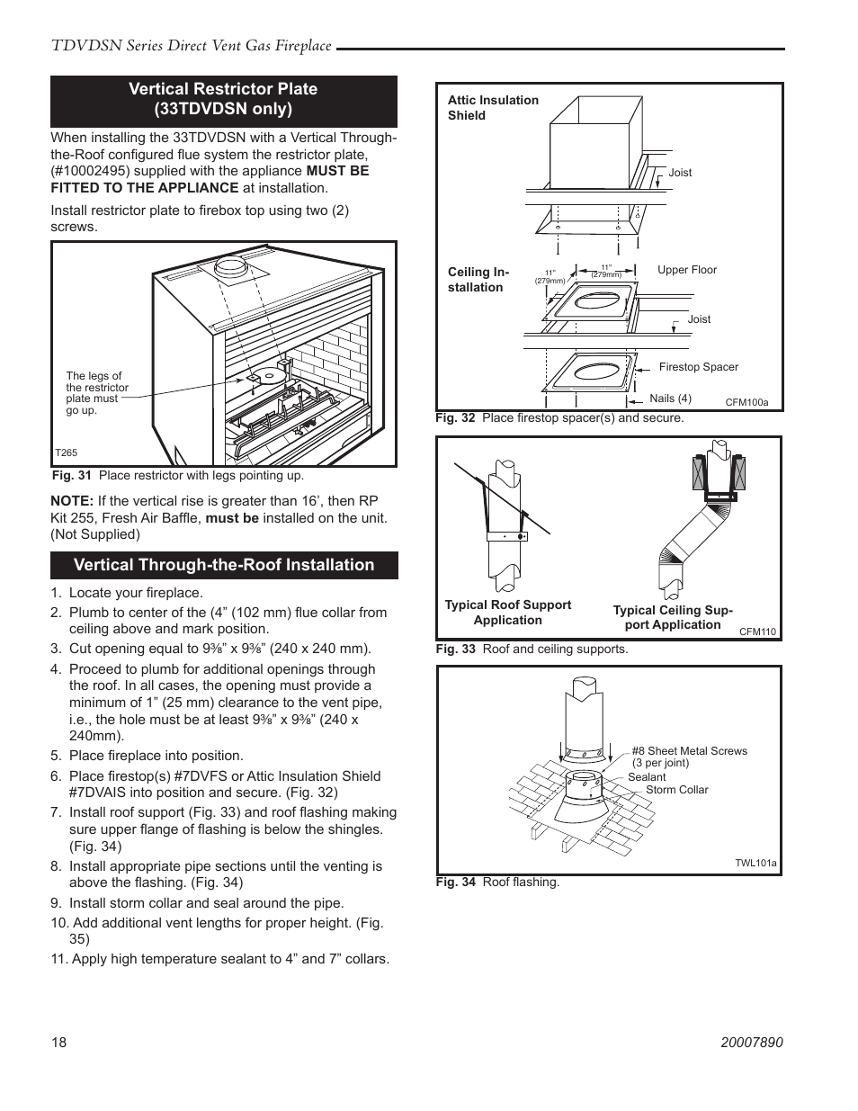 Tdvdsn series direct vent gas fireplace, Vertical restrictor plate (33tdvdsn only), Vertical through-the-roof installation | Temco Tool 33TDVDSN User Manual | Page 18 / 40