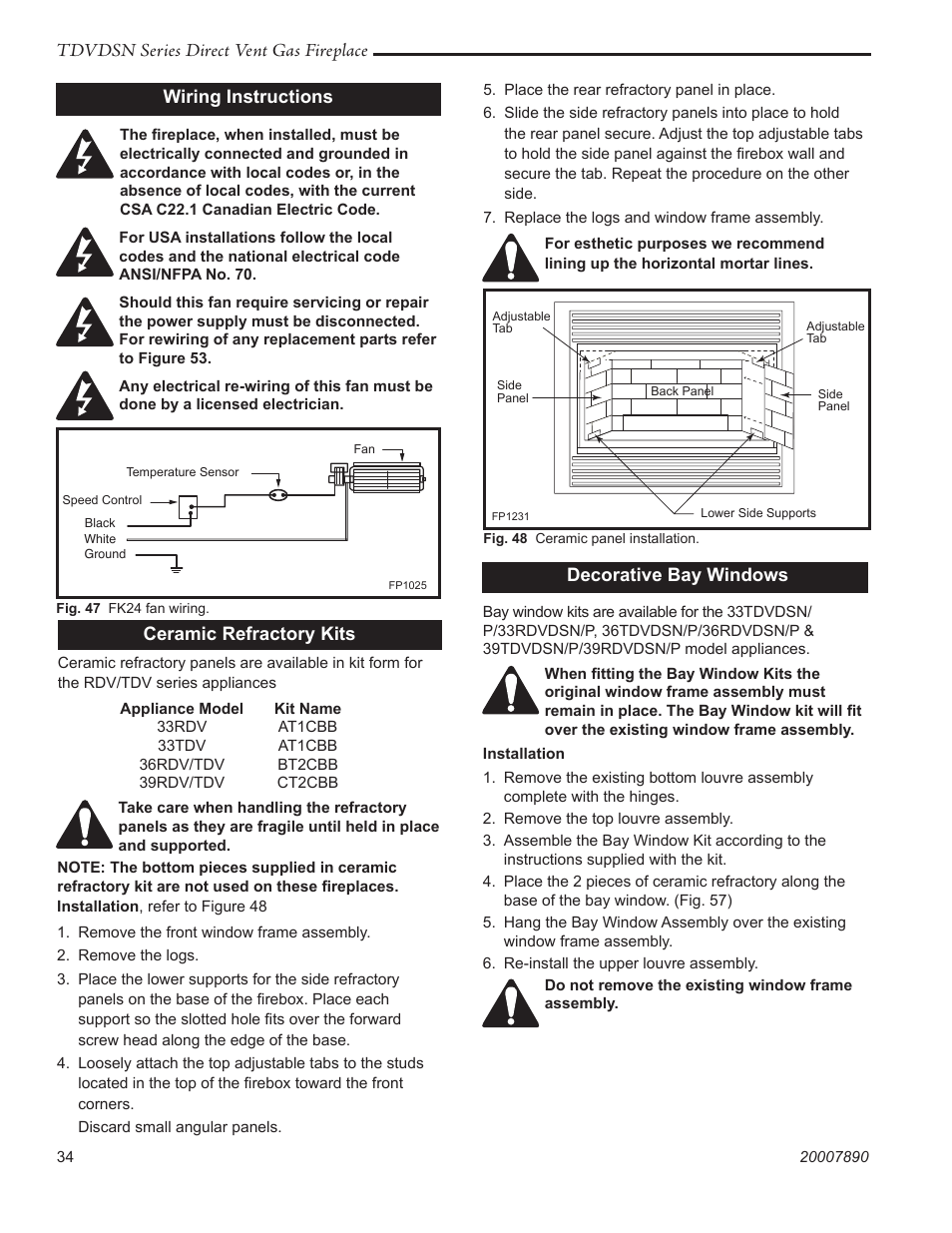 Tdvdsn series direct vent gas fireplace, Decorative bay windows, Wiring instructions | Ceramic refractory kits | Temco Tool 33TDVDSN User Manual | Page 34 / 40