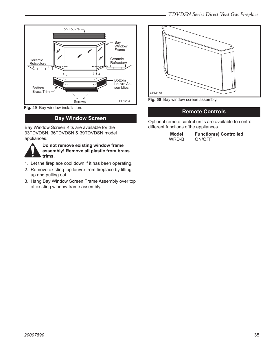 Tdvdsn series direct vent gas fireplace, Remote controls bay window screen | Temco Tool 33TDVDSN User Manual | Page 35 / 40