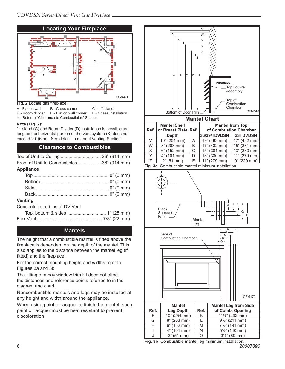 Tdvdsn series direct vent gas fireplace, Locating your fireplace, Mantels | Clearance to combustibles, Mantel chart | Temco Tool 33TDVDSN User Manual | Page 6 / 40