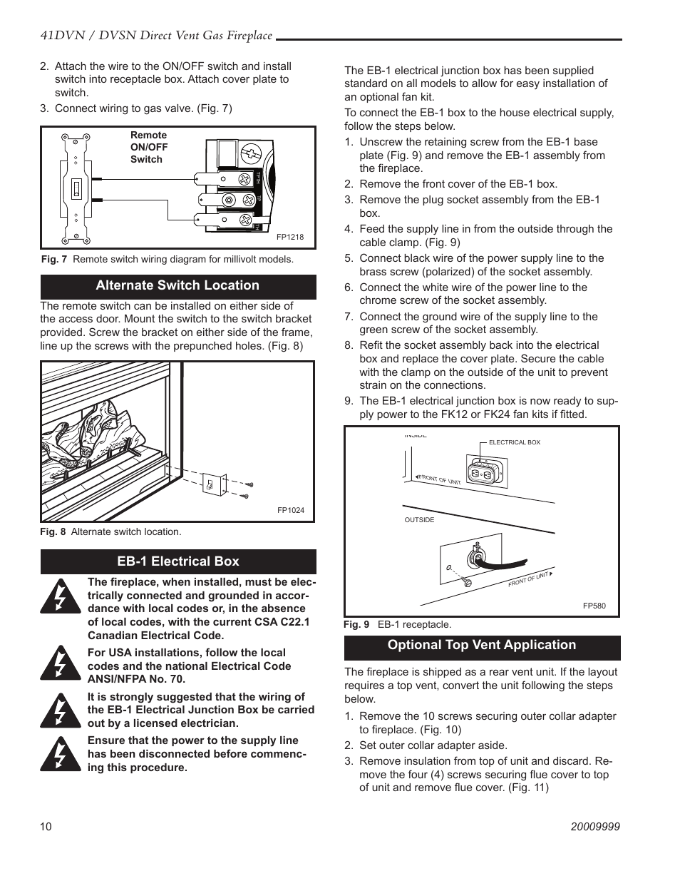 41dvn / dvsn direct vent gas fireplace, Alternate switch location, Eb-1 electrical box | Optional top vent application | Temco Tool 41DVN User Manual | Page 10 / 52
