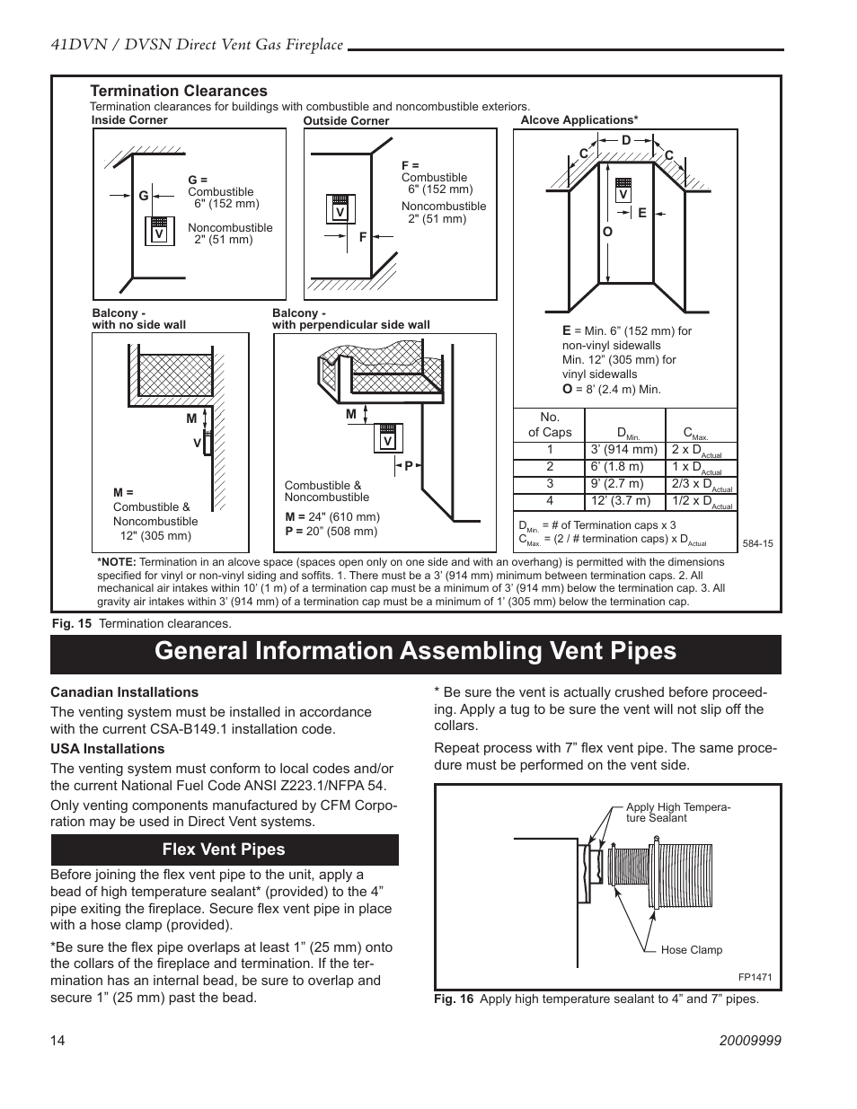 General information assembling vent pipes, 41dvn / dvsn direct vent gas fireplace, Flex vent pipes | Fp1471 flex vent, Termination clearances | Temco Tool 41DVN User Manual | Page 14 / 52