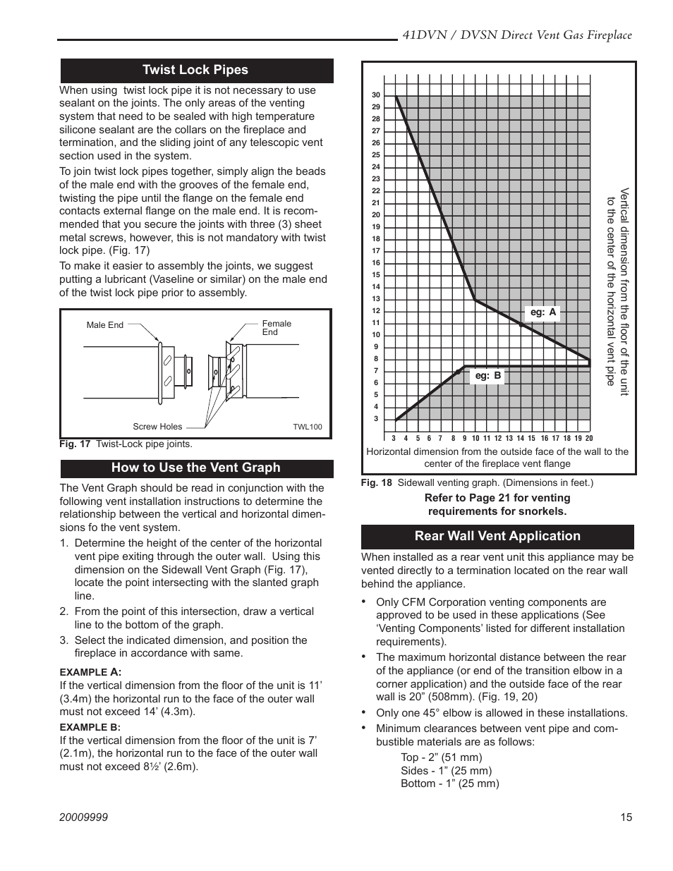 41dvn / dvsn direct vent gas fireplace, Twist lock pipes, How to use the vent graph | Rear wall vent application | Temco Tool 41DVN User Manual | Page 15 / 52