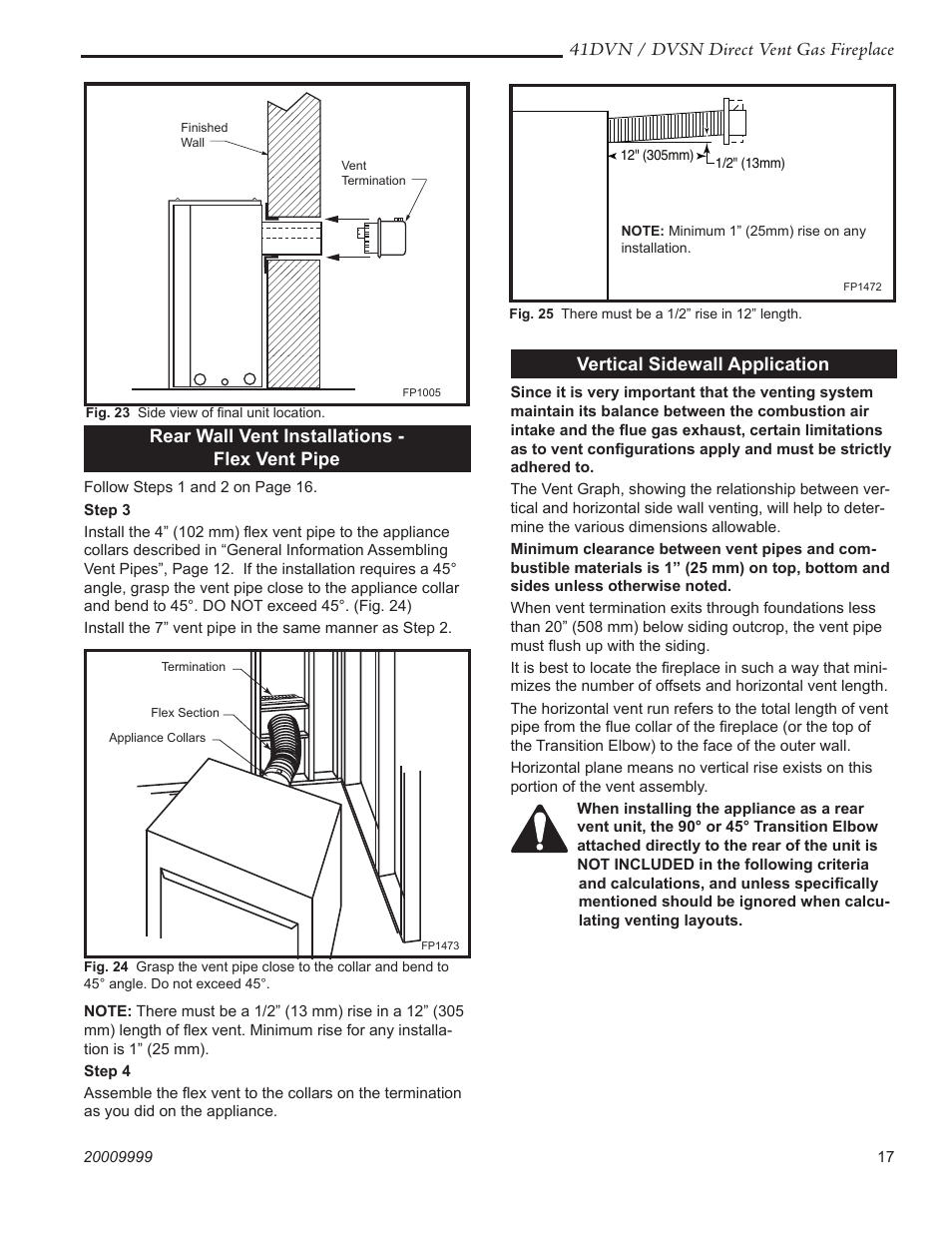 41dvn / dvsn direct vent gas fireplace, Vertical sidewall application, Rear wall vent installations - flex vent pipe | Temco Tool 41DVN User Manual | Page 17 / 52