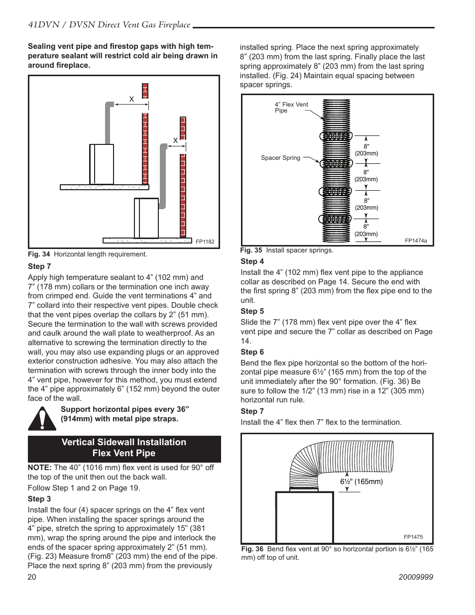 41dvn / dvsn direct vent gas fireplace, Vertical sidewall installation flex vent pipe | Temco Tool 41DVN User Manual | Page 20 / 52