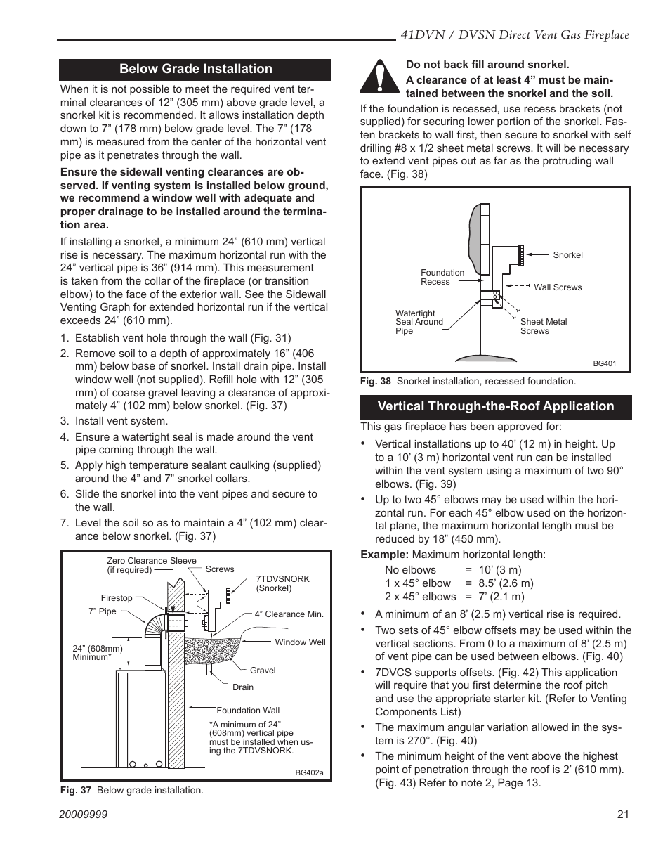 41dvn / dvsn direct vent gas fireplace, Below grade installation, Vertical through-the-roof application | Temco Tool 41DVN User Manual | Page 21 / 52
