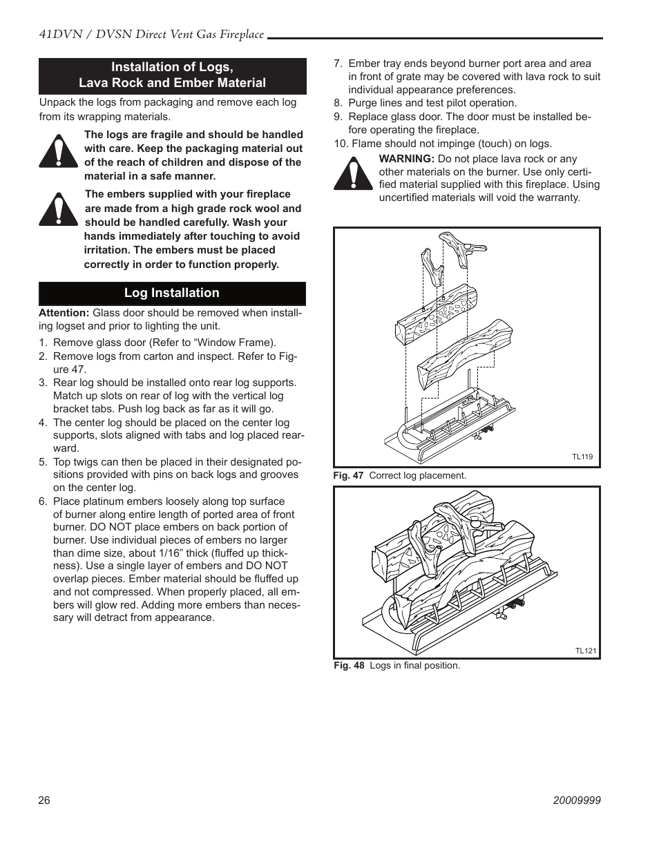 41dvn / dvsn direct vent gas fireplace, Installation of logs, lava rock and ember material, Log installation | Temco Tool 41DVN User Manual | Page 26 / 52