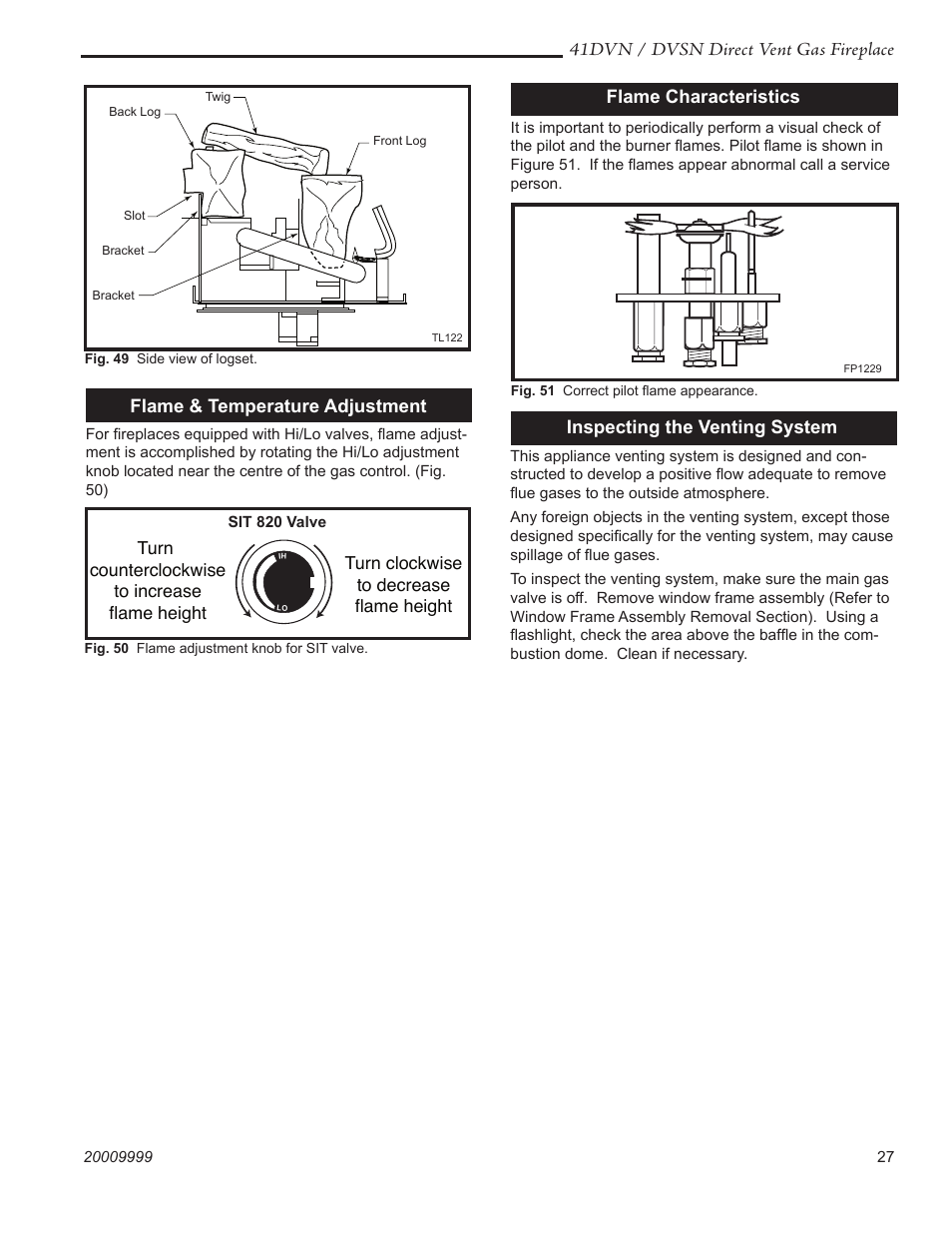 41dvn / dvsn direct vent gas fireplace, Flame characteristics, Inspecting the venting system | Flame & temperature adjustment | Temco Tool 41DVN User Manual | Page 27 / 52